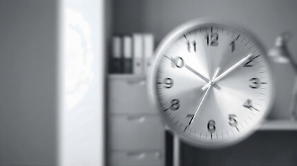 Blurred office clock face with silver hands and numbers time motion