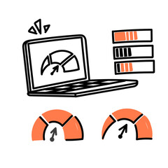 hand drawn doodle tablet laptop with speed meter illustration set