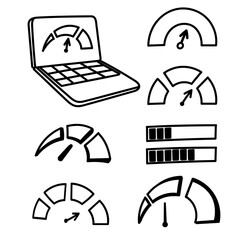 hand drawn doodle tablet laptop with speed meter illustration set