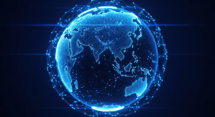 A blue digital globe displays a network of data connections for worldwide communications, set against a dark background in a modern, abstract style.