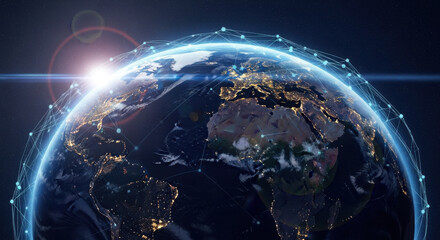 A digital representation of the Earth with glowing network connections highlighting city lights and global connectivity, bathed in a blue atmospheric glow with a bright sun flare.