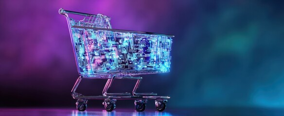 The shopping cart of digital circuits and neon lights representing futuristic ecommerce technology