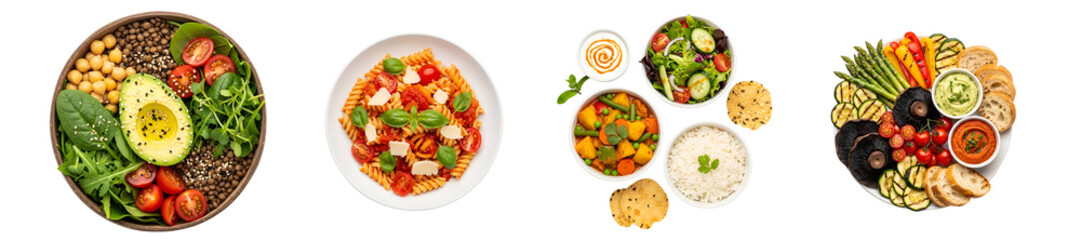 Assortment of healthy meals featuring pasta salad rice vegetables and a buddha bowl arrangement on transparent background
