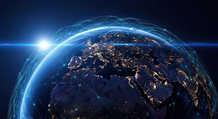 Illuminated earth globe with digital nodes covering the planet with artificial illumination and network connections against starry background in outer space.