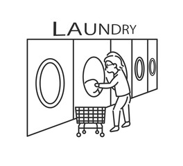 コインランドリーを利用する40代女性のイラスト　線画のみ