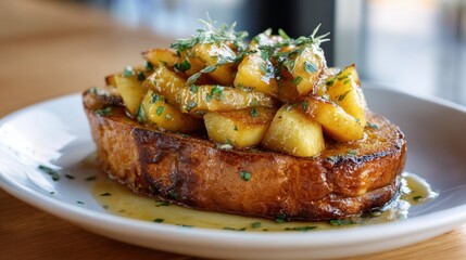 A thick slice of french toast is topped with warm, caramelized apple pieces, drizzled with syrup, and garnished with fresh herbs. The setting is a cheerful cafe with natural light.