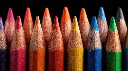 A vibrant collection of sharpened colored pencils lined up closely. The scene is well-lit, showcasing a range of colors, suggesting preparation for artwork or crafting.