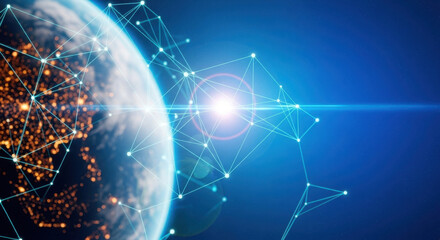 Digital rendering of planet Earth surrounded by glowing network connections in deep space against a starry night background. Emphasizes global digital connectivity.