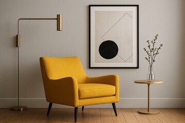 Modern Minimal Living Room Interior with Yellow Accent Chair, Abstract Wall Art, and Stylish Home Decor