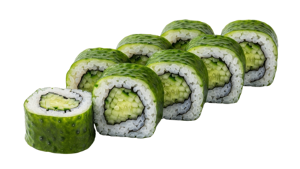 Vibrant green cucumber sushi rolls arranged in a row, highlighting the freshness and natural appeal of the healthy vegetarian dish presentation