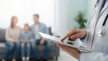 Doctor using modern digital tablet for family health consultation in a clinic