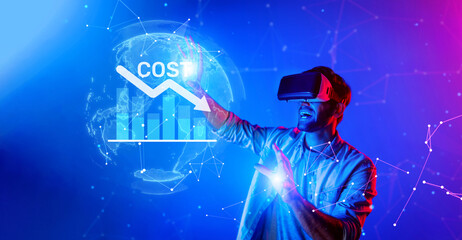 A businessman engages with virtual reality technology to explore innovative cost reduction methods and budget-saving strategies, integrating data and visual analysis. XDMCP