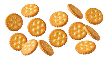 Crispy cracker collection, a delightful array of golden-brown snack bites against a clean, white background, perfect for showcasing appetizing snack