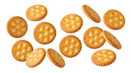 Crispy cracker collection, a delightful array of golden-brown snack bites against a clean, white background, perfect for showcasing appetizing snack