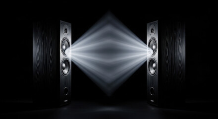 A high contrast black and white image featuring two loudspeakers, each emitting rays of light towards each other on a dark background showcasing audio equipment.