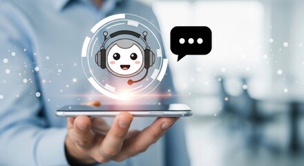 Human hand holding a smartphone, which displays a robot avatar with a headset and message icon on a white circular interface, set against a blurred blue background.