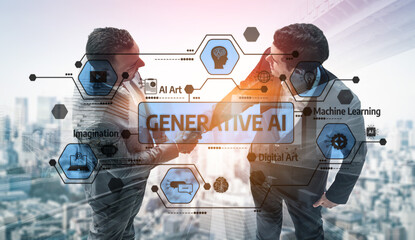 Two businessmen exchange a handshake in front of a cityscape, symbolizing partnership. Generative AI concept appears as a digital overlay reflecting modern technology influence. Tessel