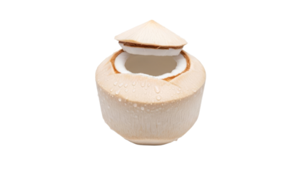Fresh coconut ready to drink offering a natural hydration on a plain background ready for refreshment, promoting healthy life choices and tropical