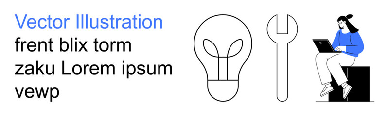 Creativity, tools, problem-solving, technological innovation, remote work, education. A person using a laptop next to a light bulb and wrench. Creativity and tools conceptual design