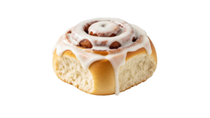 Delicious cinnamon roll with creamy frosting on a pristine white background perfect for a sweet indulgence theme
