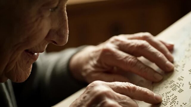 Elderly hands reading map with braille, accessibility concept