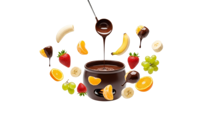 Indulgent Chocolate Fondue Display: A Symphony of Fruits Bathed in Rich Dark Chocolate, Perfect for a Decadent Dessert Experience and Celebratory
