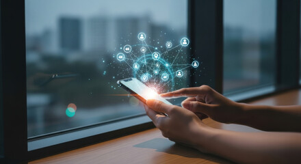 Close up of a person using a smartphone with a digital network visualization floating above the screen, set against a blurred urban background.