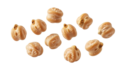 Studio shot showing isolated and floating chickpeas against a plain white surface, emphasizing their natural texture and irregular shapes to