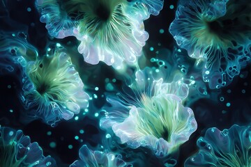 Glowing bioluminescent floral abstract pattern in blue and green