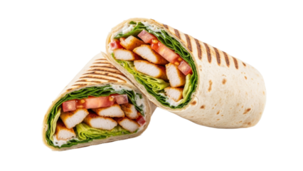 Delicious chicken wrap featuring grilled perfection with fresh vegetables on an isolated white background