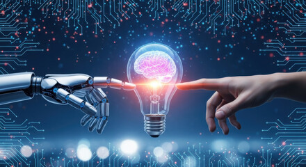 Conceptual image featuring a robot and human finger touching brain inside lightbulb on digital background, symbolizing the fusion of artificial and human intelligence.