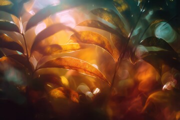 Golden leaves in dreamy warm light with soft glowing bokeh
