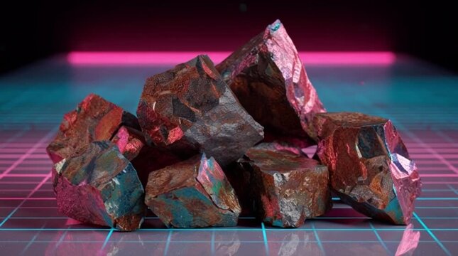 Close-up of Vibrant Copper Chunks Ore Deposits with Edges Highlighted by Neon Pink and Blue Lighting