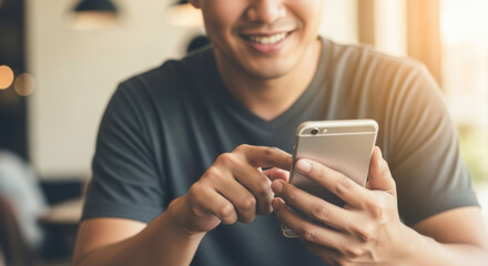 An Asian man smiling while using a smartphone in a cafe, highlighted by warm lighting. He is wearing a gray shirt and appears relaxed while engaging with his device.