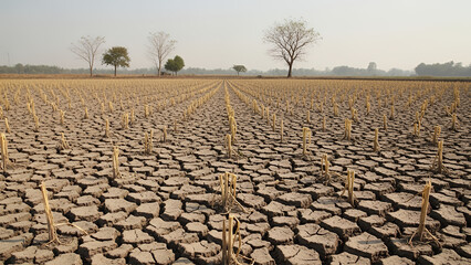 Dry Cracked Farmland After Harvest Under Hot Weather