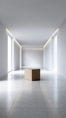 Fototapeta premium Simple Package in Spacious Interior: A solitary cardboard box rests in the center of a minimalist, sunlit room, emphasizing simplicity and open space. 