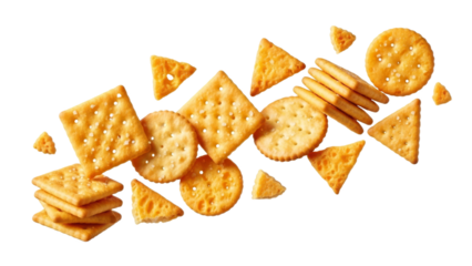 Assorted crackers featuring square, round and triangular shapes arranged on a white background in a dynamic composition