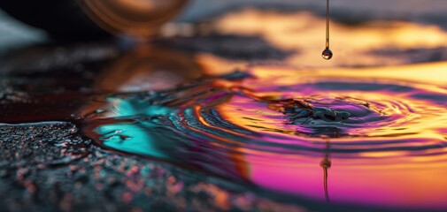 The water droplet creating colorful ripples and iridescent reflections on a dark surface