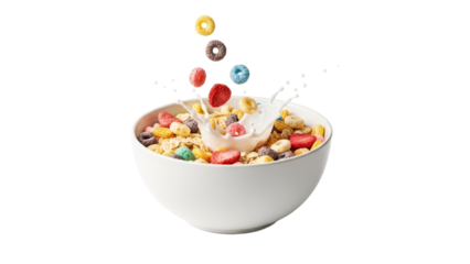 Wholesome breakfast delight: A vibrant cereal bowl with a splash of fresh milk showcasing a colorful and nutritious morning meal experience