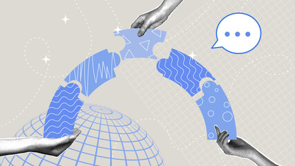 Global collaboration and communication, teamwork. Trendy halftone collage. Partnership concept, corporate culture, winner, planning.