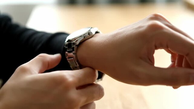 Person adjusting a metal watch band on wrist, close up studio shot