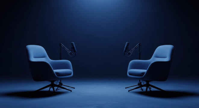 Two blue swivel chairs face each other in a dark, minimal room, each with a microphone, ready for podcast recordings in a professional studio.