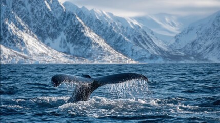 Obraz premium A whale gracefully breaches the surface of chilly waters, its tail creating splashes. Majestic snow-capped mountains rise in the background, adding to the serene atmosphere.