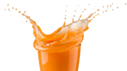 A vibrant splash of orange juice erupts from a glass, freezing the dynamic moment in a burst of refreshing color and invigorating energy