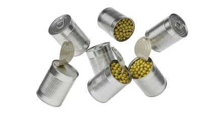 Assortment of metallic food cans containing fresh vegetables ready for consumption or emergency food storage needs isolated on white background