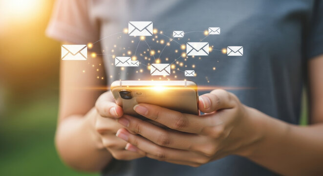 Close up of a woman holding a smartphone displaying email icons, set against a blurred green background with warm lighting, symbolizing digital communication. - Powered by Adobe