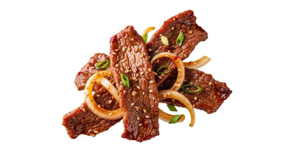 Delicious beef teriyaki with sesame seeds and fresh onions, ready to savor in a harmonious burst of Asian inspired flavors