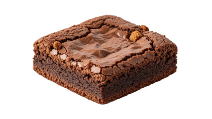 Artisanal chocolate brownie square, a decadent dessert on a minimalist white background, showing texture and rich color highlighting