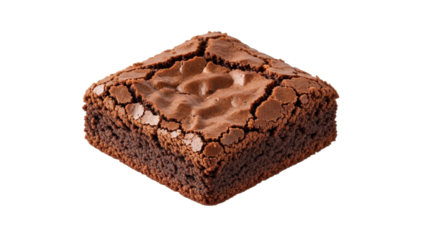 Decadent chocolate brownie square with a rich, fudgy texture isolated against a pristine white backdrop ready to be devoured