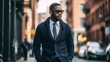 Stylish man poses confidently in urban setting during sunny afternoon